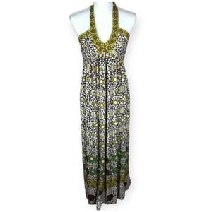 DONNA MORGAN GREEN, YELLOW, WHITE, & BLACK HALTER MAXI DRESS SZ.8 EUC.